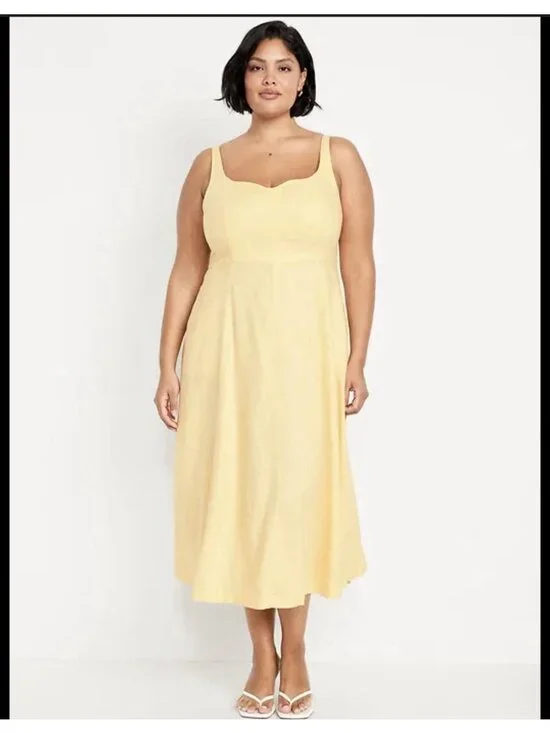 Old Navy XL Linen Blend Smocked Midi Dress Butter Yellow Resort Beachy Vacation - Picture 2 of 9